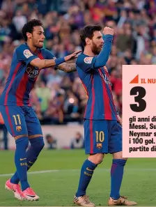  ?? GETTY ?? Neymar e Messi esultano: un gol per il brasiliano, due per Leo