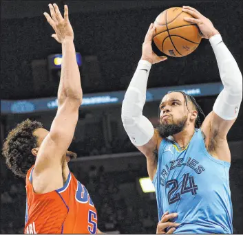  ?? Brandon Dill The Associated Press ?? Findlay Prep product Dillon Brooks eyes the basket against Thunder forward Jeremiah Robinson-earl in the Grizzlies’ 152-79 victory Thursday at Fedexforum.