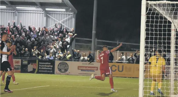  ?? PHOTOS BY MORGAN EXLEY ?? Skipper Michael Coulson celebrates scoring Boro’s second goal in the 3-2 home win against Chorley, a result that sent Athletic second in the National North table