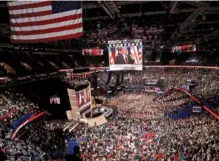  ?? SAM HODGSON/THE NEW YORK TIMES ?? President Donald Trump appears on a screen at the 2016 Republican Convention in Cleveland, Ohio. He has insisted the party will move forward with this year’s event, but other Republican­s are unsure.