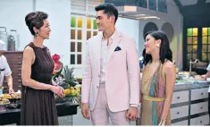  ??  ?? Scenes from Crazy Rich Asians, Constance Wu, left, with Awkwafina, top right, Michelle Yeoh, Henry Golding and Constance Wu and below right, bride Sonoya Mizuno