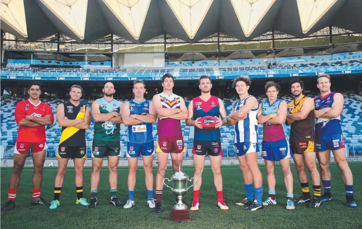  ?? Picture: MIKE DUGDALE ?? READY TO GO: The Bellarine Football League captains gather ahead of the start of the new season that kicks off tonight.