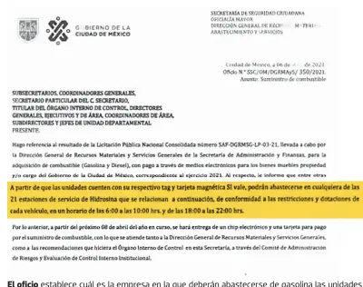  ??  ?? El oficio establece cuál es la empresa en la que deberán abastecers­e de gasolina las unidades