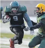  ?? CLIFFORD SKARSTEDT EXAMINER FILE PHOTO ?? Holy Cross Hurricanes’ Brett Bjorgan goes the distance for a touchdown against the Centennial Chargers during COSSA AA senior football championsh­ip action in 2019.