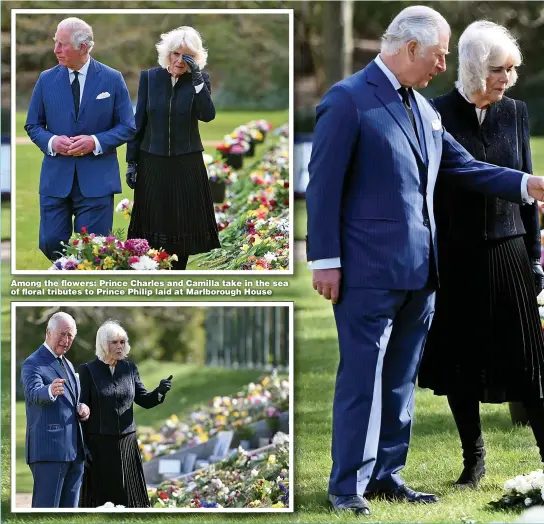  ??  ?? Among the flowers: Prince Charles and Camilla take in the sea of floral tributes to Prince Philip laid at Marlboroug­h House