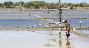  ?? FRIZAL/JAWA POS ?? PRODUKSI LOKAL: Petani garam di kawasan Sedati, Sidoarjo. Rencana impor garam menuai pro dan kontra.