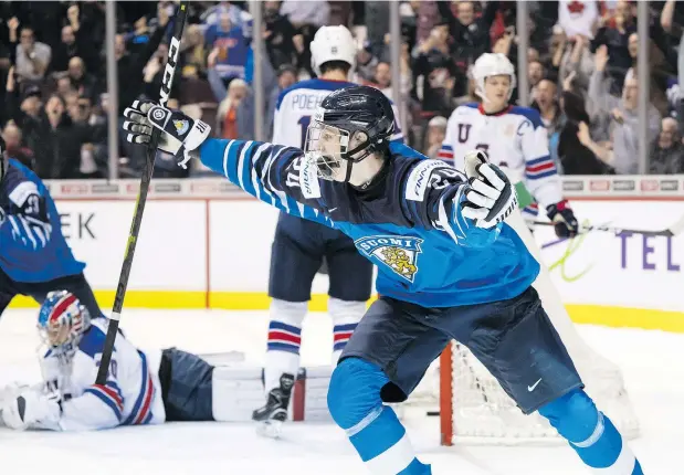  ?? — GETTY IMAGES ?? Finland’s Kaapo Kakko, projected to be a high pick in June’s NHL entry draft, celebrates after scoring what proved to be the game-winning goal against the U.S. in the gold medal game at the world juniors Saturday night at Rogers Arena. It was Finland’s third gold in six years.