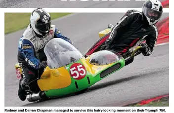  ??  ?? Rodney and Darren Chapman managed to survive this hairy-looking moment on their Triumph 750.