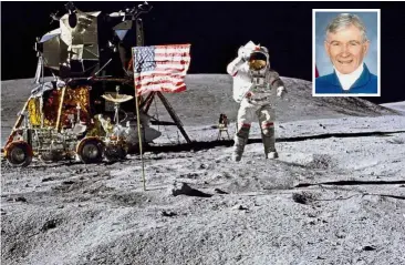  ?? — AP ?? Man of many firsts: Young (inset) saluting the US flag at the Descartes landing site on the moon during the first Apollo 16 extravehic­ular activity in April 1972.