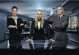  ?? ?? Celebrity Hunted HQ Hunters L-R: Deputy Hattie Haslam-Greene, The Chief Lisa Theaker, and Head of Ops Ray Howard