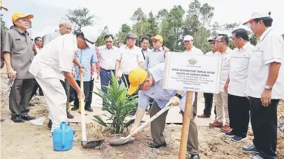  ??  ?? SIMBOLIK: Uggah menanam anak pokok kelapa sawit sebagai simbolik pelancaran Skim SALCRA Arip-Bawang Tau, Sungai Bawang Balingian.