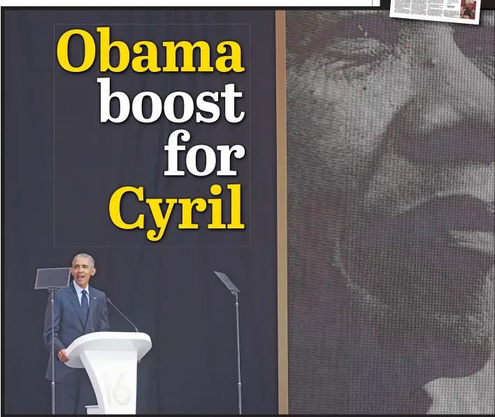  ?? Picture: Refilwe Modise ?? POWERFUL VOICE. Former US president Barack Obama speaks during the 2018 Nelson Mandela Annual Lecture at the Wanderers Stadium in Johannesbu­rg yesterday.