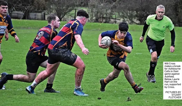  ?? PICTURES BY STUART FLETCHER ?? Will Cross makes a break for Ashbourne Colts in their game against Ashfield. Below, Laurie Hart on the run, supported by Cross.