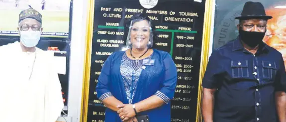  ??  ?? l-r: Alhaji Lai Mohammed, minister of Informatio­n and Culture; Mrs. Jumoke Bamigboye, governor of Rotary Internatio­nal's District 9125; and Mr. Segun Adeyemi, special assistant to the President attached to the Minister’s Office, when Bamigboye led a delegation on a courtesy visit to the Minister in Abuja recently.