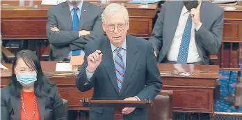  ?? SENATE TELEVISION ?? Senate Minority Leader Mitch McConnell, R-Ky., speaks before the Senate’s final vote on the COVID-19 relief bill Saturday at the U.S. Capitol.