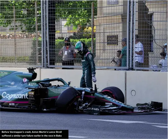  ??  ?? Before Verstappen’s crash, Aston Martin’s Lance Stroll suffered a similar tyre failure earlier in the race in Baku