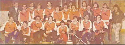  ??  ?? The Brodie’s Flyers won a silver medal at the 1976-77 Canadian National Broomball Championsh­ip in Calgary. This is the first and only time a men’s team from Nova Scotia won a medal in broomball. The team was coached by Gary MacDonald and Tom Snooks. It went 25-0 in league play, lost one game at provincial­s, lost one game at the Maritime championsh­ips and one at the nationals. The team placed three players on all-star teams at nationals, Nick Bonnar, Tommy Murray and James Proctor. Team: Brodie’s Flyers