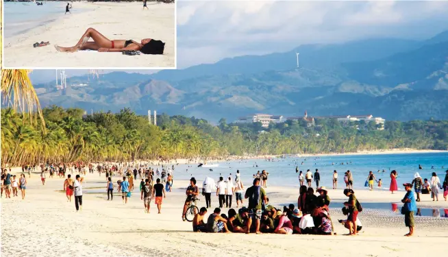  ??  ?? GLIMPSES OF THE NEW BORACAY – Clockwise from top: Locals wade on the beach beside the famous Willy’s Rock; Drum and lyre musicians add a touch of the Ati-atihan festival as they perform along a beach; Soldiers and policemen conduct an anti-terrorism drill as part of the island’s security set-up; A beach starts to fill up as more visitors arrive; A sun worshipper has a strip of beach all to herself. (Photos by Tara Yap, AFP/Noel Celis and EPAEFE/Jun Aguirre)