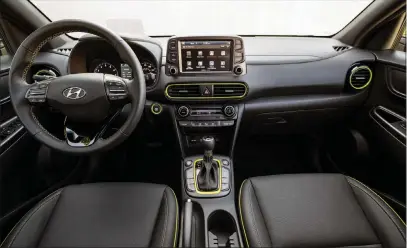  ??  ?? Really, what’s not to love about the Kona’s interior? Of course, this isn’t the base trim level, although the dash layout is similar but with a slightly smaller display.