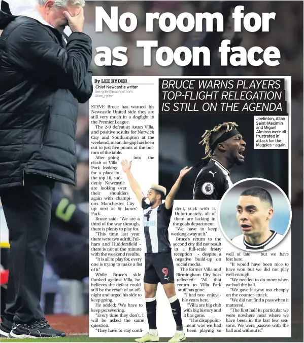  ??  ?? Chief Newcastle writer
Joelinton, Allan Saint-Maximin and Miguel Almiron were all frustrated in attack for the Magpies – again