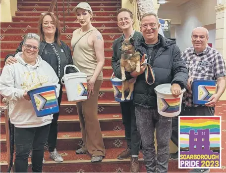  ?? ?? Scarboroug­h Pride committee with Ru Paul’s Drag Race season 5 Queen Detox (centre with cap) while fundraisin­g at Scarboroug­h Spa.