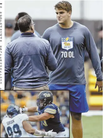  ?? AP PHOTOS ?? ANCHOR OF THE LINE: Offensive tackle Brian O’Neill, shown playing for the University of Pittsburgh (inset) against Rice, might be an interestin­g prospect for the Patriots on the second day of the draft, which begins tonight.