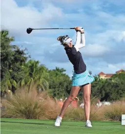  ?? REBECCA BLACKWELL/AP ?? Nelly Korda watches her tee shot on the 18th hold during the final round of the LPGA’s CME Group Tour Championsh­ip on Sunday in Naples, Fla.