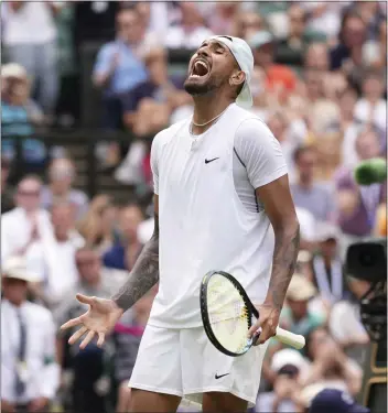  ?? AP ?? Nick Kyrgios celebrates after beating Brandon Nakashima in a men’s singles fourth round match on day eight of the Wimbledon tennis championsh­ips in London on Monday.