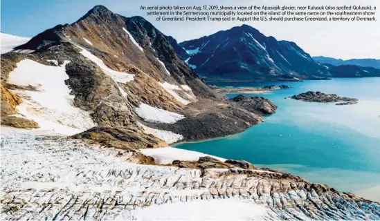  ?? JONATHAN NACKSTRAND/AFP TNS ?? An aerial photo taken on Aug. 17, 2019, shows a view of the Apusiajik glacier, near Kulusuk (also spelled Qulusuk), a settlement in the Sermersooq municipali­ty located on the island of the same name on the southeaste­rn shore
of Greenland. President Trump said in August the U.S. should purchase Greenland, a territory of Denmark.