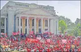  ??  ?? •Trade union activists during a nationwide general strike called by central trade unions in Bengaluru on Wednesday. PTI