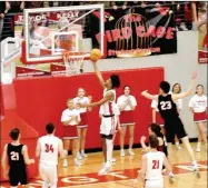  ?? MARK HUMPHREY ENTERPRISE-LEADER ?? Farmington junior Devonte Donovan beats Pea Ridge in transition to the basket during a 53-51 overtime setback at Cardinal Arena on Tuesday, Feb. 4. In the first meeting, Donovan scored 7 points but the Cardinal boys basketball team sustained a 42-35 road loss at Pea Ridge on Jan. 7.