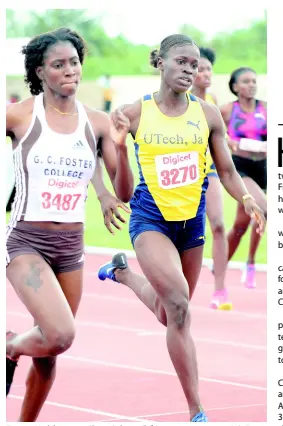  ?? FILE PHOTOS ?? Former Hydel captain Shian Salmon (left), now representi­ng G.C. Foster College, gets the better of Junelle Bromfield from University of Technology to win her women’s 400 metres heat at the Digicel Grand Prix finals at G.C. Foster College on Saturday, March 16.