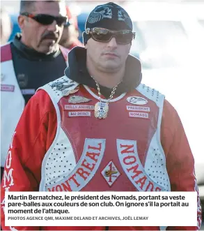  ??  ?? Martin Bernatchez, le président des Nomads, portant sa veste pare-balles aux couleurs de son club. On ignore s’il la portait au moment de l’attaque.