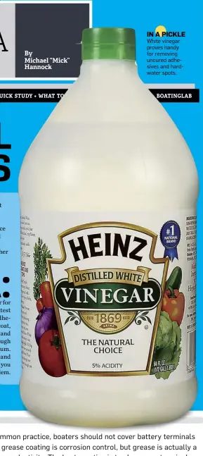  ??  ?? IN A PICKLE White vinegar proves handy for removing uncured adhesives and hardwater spots.