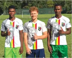  ?? ?? THE THREE MUSKETEERS . . . Whawha’s newboys Washington Mapuwa (left) Calum English-Brown (centre) and Dibbellar Mapuwa pose for a photo before a training session at their parent institutio­n, Legends Football Academy