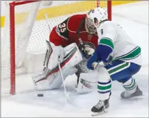  ?? The Associated Press ?? Vancouver Canuck Brock Boeser scores in his NHL debut against Minnesota Wild goalie Darcy Kuemper on Saturday in St. Paul, Minn.