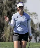  ?? MARCIO JOSE SANCHEZ/AP ?? JENNIFER KUPCHO waves to the gallery on the eighth hole during the third round of the LPGA Chevron Championsh­ip tournament Saturday in Rancho Mirage, Calif.
