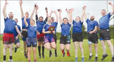  ?? ?? Jumping For Joy - Fermoy Macra All-Ireland Tag Ruby winning team 2023 celebratin­g after a long and winding path over the years.