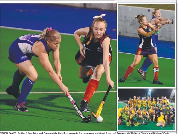  ?? TOUGH GAMES: Brothers’ Sara Brice and Commercial­s’ Kate Ross compete for possession and ( inset from top) p) Commercial­s’ Rebecca Church and Brothers’ Carlie Pearce attempt to control a high pass, and Wests celebrate their record- making victory in the me ??