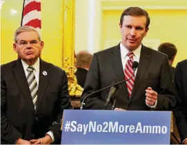  ?? Hearst Connecticu­t Media file photo ?? Sen. Chris Murphy, right, is flanked by Sen. Bob Menendez during a 2015 press conference announcing a bill to ban high-capacity magazines.