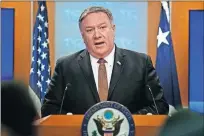  ?? [CAROLYN KASTER/THE ASSOCIATED PRESS] ?? Secretary of State Mike Pompeo speaks during a news conference Friday at the State Department in Washington.