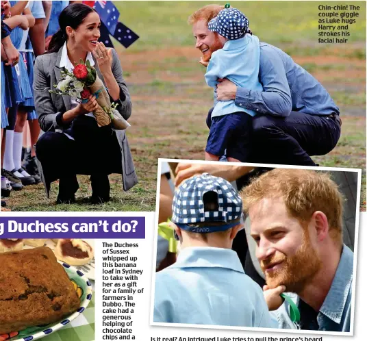  ??  ?? Chin-chin! The couple giggle as Luke hugs Harry and strokes his facial hair Is it real? An intrigued Luke tries to pull the prince’s beard