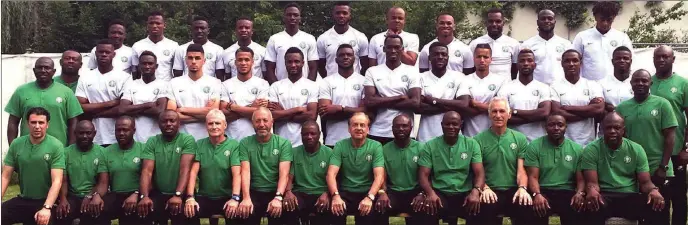  ??  ?? Super Eagles players, coaches and backroom staff in a group photograph after rounding up their training for the World Cup at their base in Avita Resort in Bad Tatzmannsd­orf, Austria... at the weekend