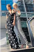  ??  ?? Above; V Neck Rectangle Gown with stars, £138, Rectangle gown with stripes, £182. Right; Halter Bill low cut one piece (left), £260 Bill Mio One Piece (right, a design that has been in her collection since 1972), £260 All normakamal­i.com. Left; Farrah Fawcett wearing Norma Kamali in 1976. Below; Norma Kamali