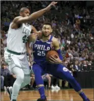  ?? ELISE AMENDOLA — THE ASSOCIATED PRESS ?? Philadelph­ia 76ers guard Ben Simmons (25) drives against Boston Celtics forward Al Horford during the first quarter of Game 2 of an NBA basketball second-round playoff series Thursday.