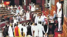  ?? PTI ?? Opposition members raise various issues in the Rajya Sabha in New Delhi on Monday.