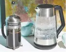  ??  ?? Bodum French Press and Oxo On Clarity Cordless Glass Electric Kettle