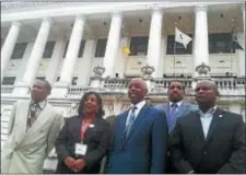  ?? TRENTONIAN FILE PHOTO/DAVID FOSTER ?? (left to right) Alex Bethea, Verlina Reynolds-Jackson, Mayor Eric Jackson, Duncan Harrison and Zachary Chester in front of City Hall.