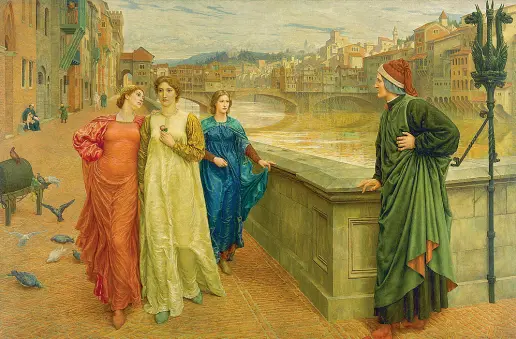  ??  ?? Il «Dante poeta e Beatrice» di Henry Holiday (1883, Walker Art Gallery di Liverpool) Il poeta fiorentino ha trascorso gli ultimi anni della sua vita Verona, un rapporto testimonia­to dalla lettera di recente attribuzio­ne