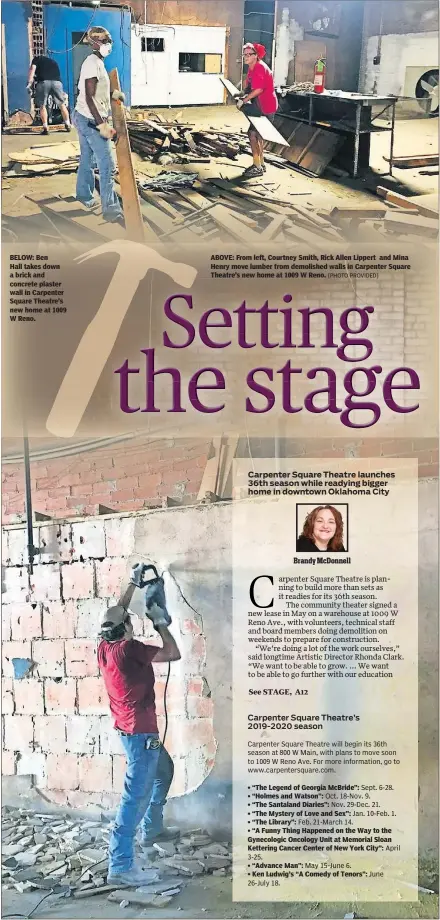  ??  ?? BELOW: Ben Hall takes down a brick and concrete plaster wall in Carpenter Square Theatre's new home at 1009 W Reno. ABOVE: From left, Courtney Smith, Rick Allen Lippert and Mina Henry move lumber from demolished walls in Carpenter Square Theatre's new home at 1009 W Reno. [PHOTO PROVIDED]